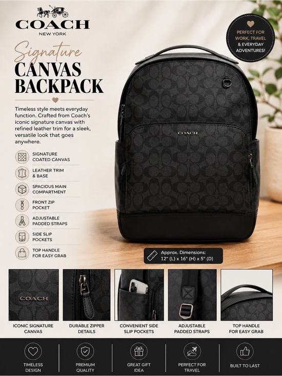 Coach Handbags - Coach 𝐍𝐖𝐓 Black Signature Canvas Backpack with Leather Trim NEW